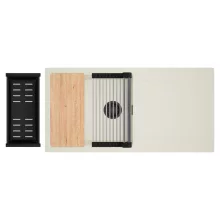 HD Onyx White 100 egymedencés mosogatótálca szett, vágódeszkával, acél csepegtetőráccsal és matt fekete kosárral, csepegtetőtálcával, tört fehér színben, matt fekete leeresztő szifonnal