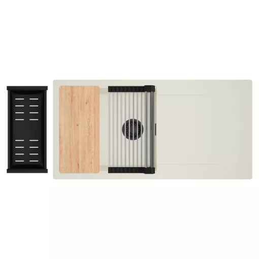 HD Onyx White 100 egymedencés mosogatótálca szett, vágódeszkával, acél csepegtetőráccsal és matt fekete kosárral, csepegtetőtálcával, tört fehér színben, matt fekete leeresztő szifonnal