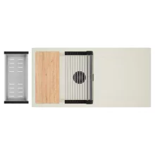 HD Onyx White 100 egymedencés mosogatótálca szett, vágódeszkával, acél csepegtetőráccsal és kosárral, csepegtetőtálcával, tört fehér színben, matt fekete leeresztő szifonnal