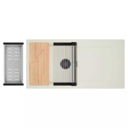 HD Onyx White 100 egymedencés mosogatótálca szett, vágódeszkával, acél csepegtetőráccsal és kosárral, csepegtetőtálcával, tört fehér színben, matt fekete leeresztő szifonnal