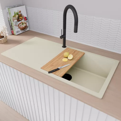 HD Onyx White 100 egymedencés mosogatótálca szett, vágódeszkával, acél csepegtetőráccsal és kosárral, csepegtetőtálcával, tört fehér színben, matt fekete leeresztő szifonnal