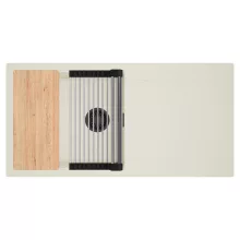 HD Onyx White 100 egymedencés mosogatótálca szett, vágódeszkával, acél csepegtetőráccsal, csepegtetőtálcával, tört fehér színben, matt fekete leeresztő szifonnal