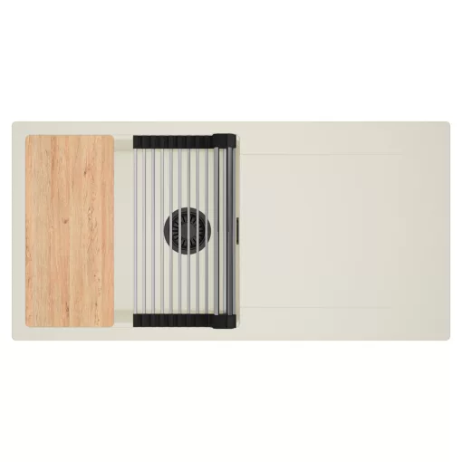 HD Onyx White 100 egymedencés mosogatótálca szett, vágódeszkával, acél csepegtetőráccsal, csepegtetőtálcával, tört fehér színben, matt fekete leeresztő szifonnal