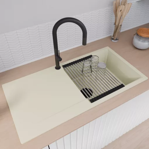 HD Onyx White 100 egymedencés mosogatótálca szett, vágódeszkával, acél csepegtetőráccsal, csepegtetőtálcával, tört fehér színben, matt fekete leeresztő szifonnal