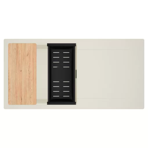 HD Onyx White 100 egymedencés mosogatótálca szett, vágódeszkával, matt fekete csepegtetőkosárral, csepegtetőtálcával, tört fehér színben, matt fekete leeresztő szifonnal