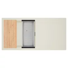 HD Onyx White 100 egymedencés mosogatótálca szett, vágódeszkával, acél csepegtetőkosárral, csepegtetőtálcával, tört fehér színben, matt fekete leeresztő szifonnal