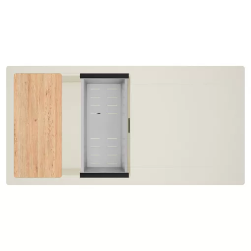 HD Onyx White 100 egymedencés mosogatótálca szett, vágódeszkával, acél csepegtetőkosárral, csepegtetőtálcával, tört fehér színben, matt fekete leeresztő szifonnal