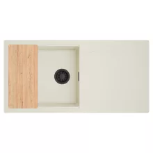 HD Onyx White 100 egymedencés mosogatótálca, vágódeszkával, csepegtetőtálcával, tört fehér színben, matt fekete leeresztő szifonnal