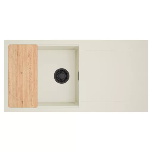 HD Onyx White 100 egymedencés mosogatótálca, vágódeszkával, csepegtetőtálcával, tört fehér színben, matt fekete leeresztő szifonnal