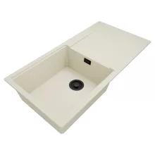 HD Onyx White 100 egymedencés mosogatótálca, vágódeszkával, csepegtetőtálcával, tört fehér színben, matt fekete leeresztő szifonnal