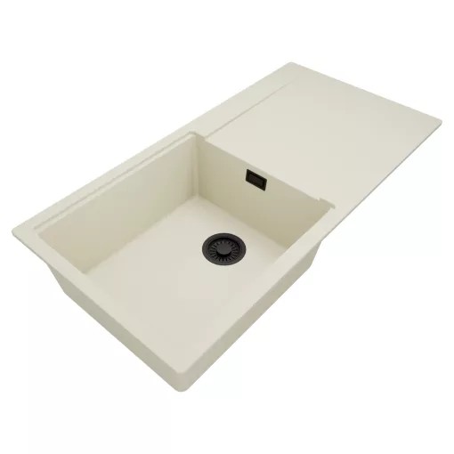 HD Onyx White 100 egymedencés mosogatótálca, vágódeszkával, csepegtetőtálcával, tört fehér színben, matt fekete leeresztő szifonnal