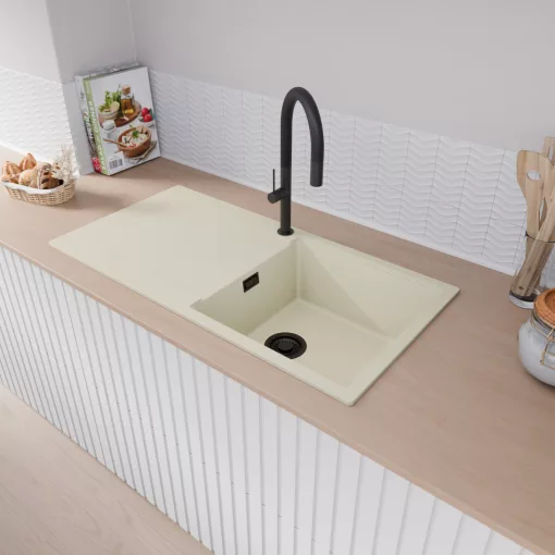 HD Onyx White 100 egymedencés mosogatótálca, vágódeszkával, csepegtetőtálcával, tört fehér színben, matt fekete leeresztő szifonnal