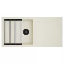 HD Onyx White 100 egymedencés mosogatótálca szett, acél csepegtetőráccsal, csepegtetőtálcával, tört fehér színben, matt fekete leeresztő szifonnal