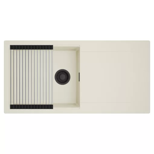 HD Onyx White 100 egymedencés mosogatótálca szett, acél csepegtetőráccsal, csepegtetőtálcával, tört fehér színben, matt fekete leeresztő szifonnal