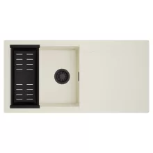 HD Onyx White 100 egymedencés mosogatótálca szett, matt fekete csepegtetőkosárral, csepegtetőtálcával, tört fehér színben, matt fekete leeresztő szifonnal