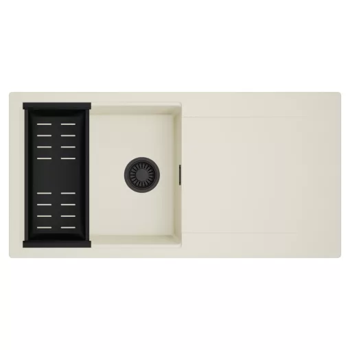 HD Onyx White 100 egymedencés mosogatótálca szett, matt fekete csepegtetőkosárral, csepegtetőtálcával, tört fehér színben, matt fekete leeresztő szifonnal