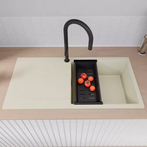 HD Onyx White 100 egymedencés mosogatótálca szett, matt fekete csepegtetőkosárral, csepegtetőtálcával, tört fehér színben, matt fekete leeresztő szifonnal