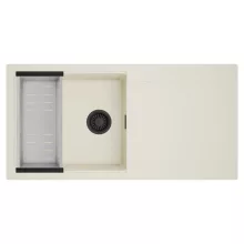 HD Onyx White 100 egymedencés mosogatótálca szett, acél csepegtetőkosárral, csepegtetőtálcával, tört fehér színben, matt fekete leeresztő szifonnal