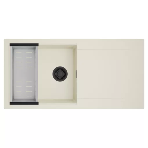 HD Onyx White 100 egymedencés mosogatótálca szett, acél csepegtetőkosárral, csepegtetőtálcával, tört fehér színben, matt fekete leeresztő szifonnal