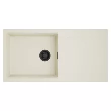 HD Onyx White 100 egymedencés mosogatótálca, csepegtetőtálcával, tört fehér színben, matt fekete leeresztő szifonnal