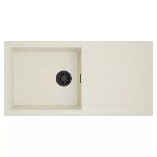 HD Onyx White 100 egymedencés mosogatótálca, csepegtetőtálcával, tört fehér színben, matt fekete leeresztő szifonnal