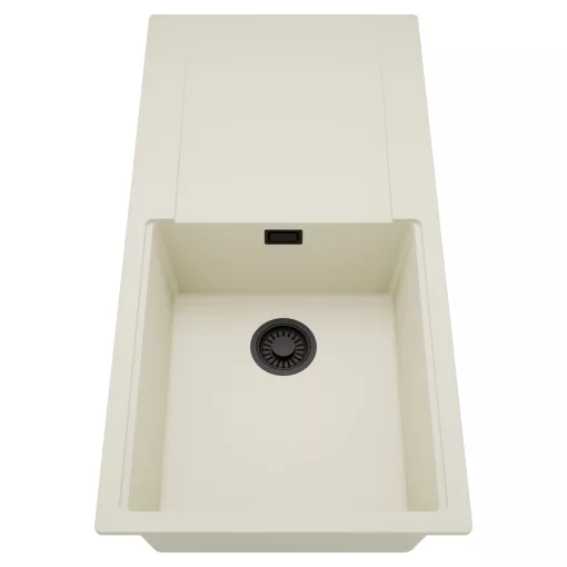 HD Onyx White 100 egymedencés mosogatótálca, csepegtetőtálcával, tört fehér színben, matt fekete leeresztő szifonnal