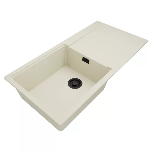 HD Onyx White 100 egymedencés mosogatótálca, csepegtetőtálcával, tört fehér színben, matt fekete leeresztő szifonnal