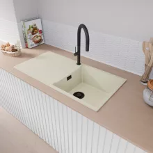 HD Onyx White 100 egymedencés mosogatótálca, csepegtetőtálcával, tört fehér színben, matt fekete leeresztő szifonnal