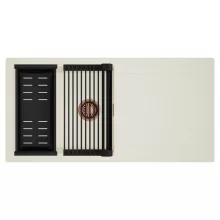 HD Onyx White 100 egymedencés mosogatótálca szett, matt fekete csepegtetőráccsal és kosárral, csepegtetőtálcával, tört fehér színben, szálcsiszolt réz leeresztő szifonnal