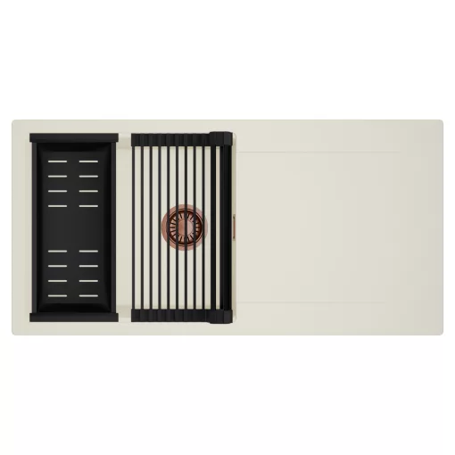 HD Onyx White 100 egymedencés mosogatótálca szett, matt fekete csepegtetőráccsal és kosárral, csepegtetőtálcával, tört fehér színben, szálcsiszolt réz leeresztő szifonnal