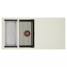 HD Onyx White 100 egymedencés mosogatótálca szett, matt fekete csepegtetőráccsal és krómozott kosárral, csepegtetőtálcával, tört fehér színben, szálcsiszolt réz leeresztő szifonnal