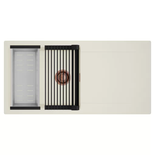 HD Onyx White 100 egymedencés mosogatótálca szett, matt fekete csepegtetőráccsal és krómozott kosárral, csepegtetőtálcával, tört fehér színben, szálcsiszolt réz leeresztő szifonnal