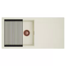 HD Onyx White 100 egymedencés mosogatótálca szett, matt fekete csepegtetőráccsal, csepegtetőtálcával, tört fehér színben, szálcsiszolt réz leeresztő szifonnal