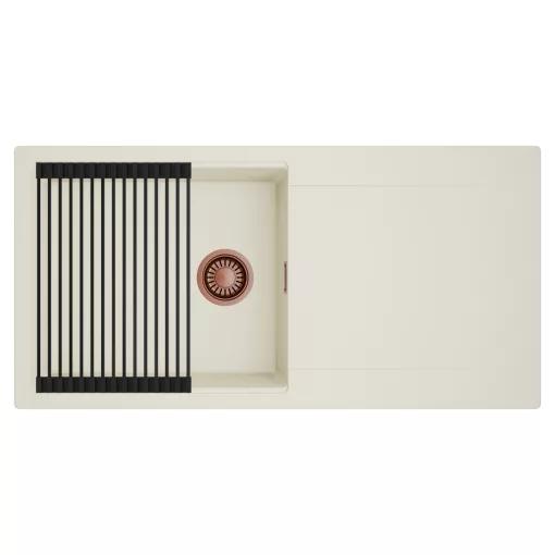 HD Onyx White 100 egymedencés mosogatótálca szett, matt fekete csepegtetőráccsal, csepegtetőtálcával, tört fehér színben, szálcsiszolt réz leeresztő szifonnal