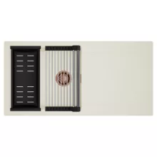 HD Onyx White 100 egymedencés mosogatótálca szett, acél csepegtetőráccsal és matt fekete kosárral, csepegtetőtálcával, tört fehér színben, szálcsiszolt réz leeresztő szifonnal