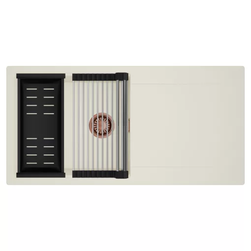 HD Onyx White 100 egymedencés mosogatótálca szett, acél csepegtetőráccsal és matt fekete kosárral, csepegtetőtálcával, tört fehér színben, szálcsiszolt réz leeresztő szifonnal