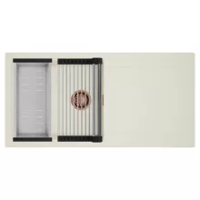 HD Onyx White 100 egymedencés mosogatótálca szett, acél csepegtetőráccsal és kosárral, csepegtetőtálcával, tört fehér színben, szálcsiszolt réz leeresztő szifonnal