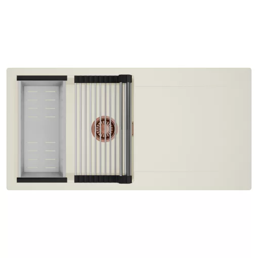 HD Onyx White 100 egymedencés mosogatótálca szett, acél csepegtetőráccsal és kosárral, csepegtetőtálcával, tört fehér színben, szálcsiszolt réz leeresztő szifonnal