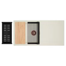 HD Onyx White 100 egymedencés mosogatótálca szett, vágódeszkával, matt fekete csepegtetőráccsal és kosárral, csepegtetőtálcával, tört fehér színben, szálcsiszolt réz leeresztő szifonnal