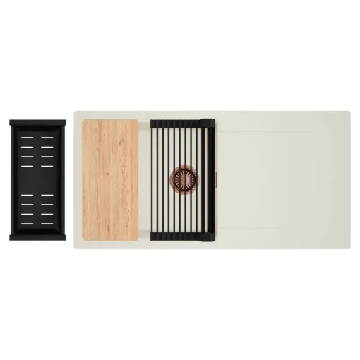 HD Onyx White 100 egymedencés mosogatótálca szett, vágódeszkával, matt fekete csepegtetőráccsal és kosárral, csepegtetőtálcával, tört fehér színben, szálcsiszolt réz leeresztő szifonnal