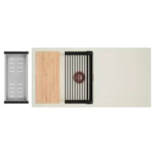 HD Onyx White 100 egymedencés mosogatótálca szett, vágódeszkával, matt fekete csepegtetőráccsal és krómozott kosárral, csepegtetőtálcával, tört fehér színben, szálcsiszolt réz leeresztő szifonnal