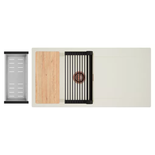 HD Onyx White 100 egymedencés mosogatótálca szett, vágódeszkával, matt fekete csepegtetőráccsal és krómozott kosárral, csepegtetőtálcával, tört fehér színben, szálcsiszolt réz leeresztő szifonnal