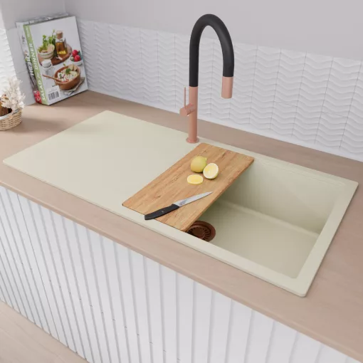 HD Onyx White 100 egymedencés mosogatótálca szett, vágódeszkával, matt fekete csepegtetőráccsal és krómozott kosárral, csepegtetőtálcával, tört fehér színben, szálcsiszolt réz leeresztő szifonnal