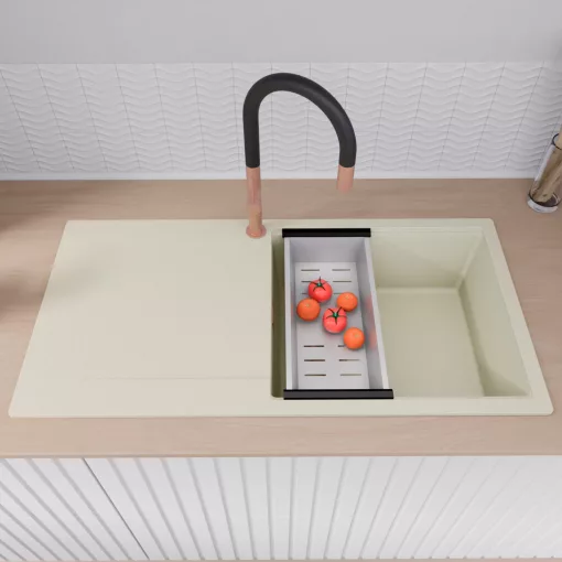 HD Onyx White 100 egymedencés mosogatótálca szett, vágódeszkával, matt fekete csepegtetőráccsal és krómozott kosárral, csepegtetőtálcával, tört fehér színben, szálcsiszolt réz leeresztő szifonnal