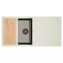 HD Onyx White 100 egymedencés mosogatótálca szett, vágódeszkával, matt fekete csepegtetőráccsal, csepegtetőtálcával, tört fehér színben, szálcsiszolt réz leeresztő szifonnal