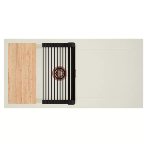 HD Onyx White 100 egymedencés mosogatótálca szett, vágódeszkával, matt fekete csepegtetőráccsal, csepegtetőtálcával, tört fehér színben, szálcsiszolt réz leeresztő szifonnal