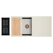 HD Onyx White 100 egymedencés mosogatótálca szett, vágódeszkával, acél csepegtetőráccsal és matt fekete kosárral, csepegtetőtálcával, tört fehér színben, szálcsiszolt réz leeresztő szifonnal