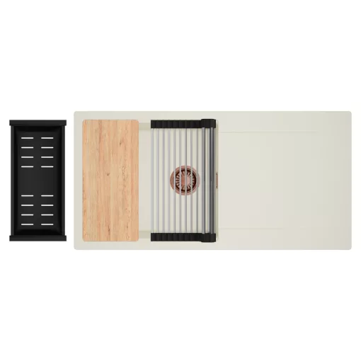 HD Onyx White 100 egymedencés mosogatótálca szett, vágódeszkával, acél csepegtetőráccsal és matt fekete kosárral, csepegtetőtálcával, tört fehér színben, szálcsiszolt réz leeresztő szifonnal