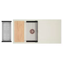 HD Onyx White 100 egymedencés mosogatótálca szett, vágódeszkával, acél csepegtetőráccsal és kosárral, csepegtetőtálcával, tört fehér színben, szálcsiszolt réz leeresztő szifonnal