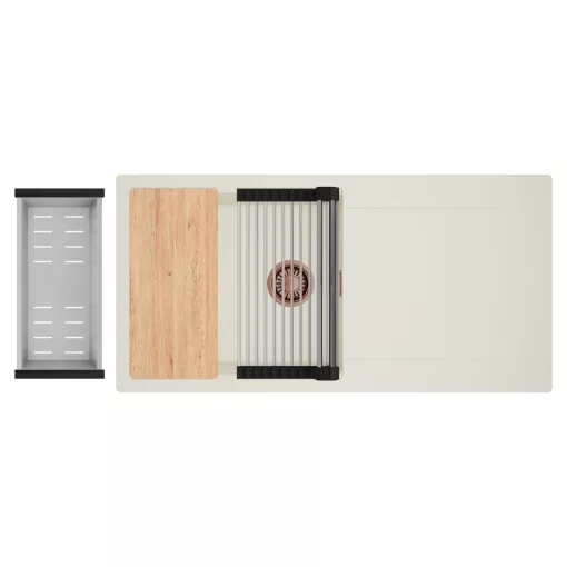 HD Onyx White 100 egymedencés mosogatótálca szett, vágódeszkával, acél csepegtetőráccsal és kosárral, csepegtetőtálcával, tört fehér színben, szálcsiszolt réz leeresztő szifonnal